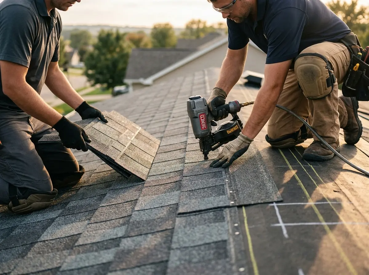 Professional roofer working on a residential roof in Davie